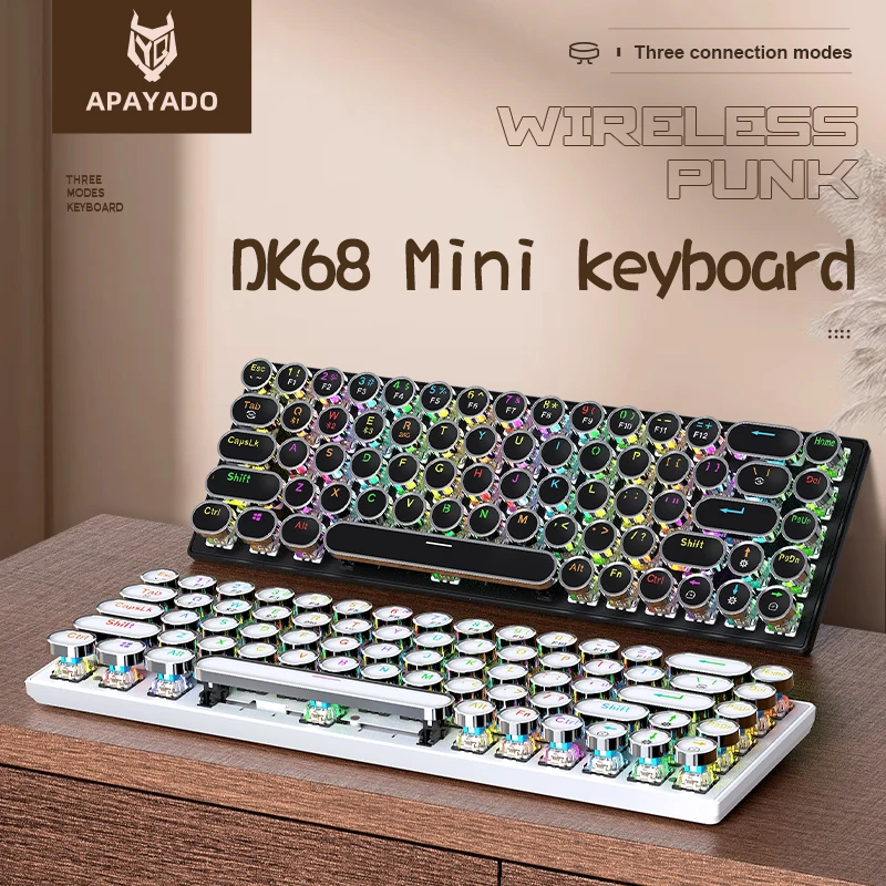Punk Mechanical Keyboard Wireless APAYADO Dynamic RGB Lighting,68Keys Bluetooth Tri-Mode Connection,Full-key Hot-Swap
