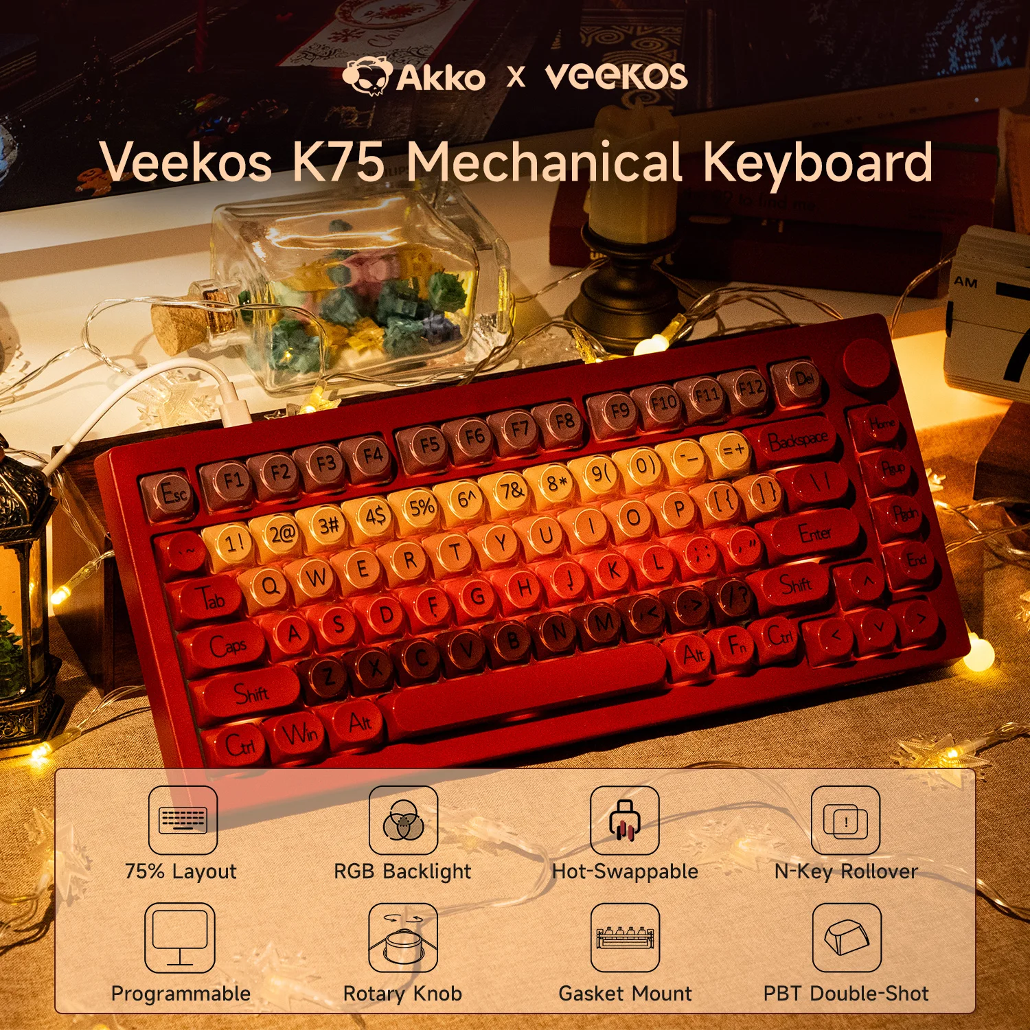 5075 X Veekos K75 Gaming Mechanical Keyboard Keyboard 75% RGB 3/5-Pin Hot Swap Wired Customized Keyboard with Knob Gasket