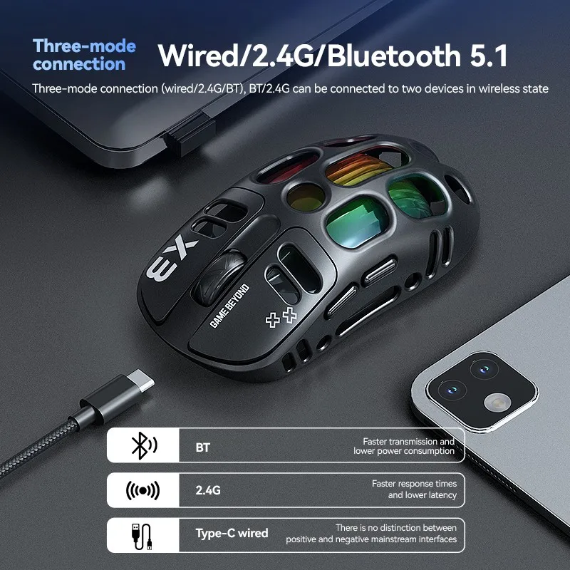 X3 Wireless Mouse PAW3311 Lightweight Hollow 1K Macros Gaming Mouse RGB Backlight 12000DPI Bluetooth/2.4G/Wired Tri-Mode Mouse