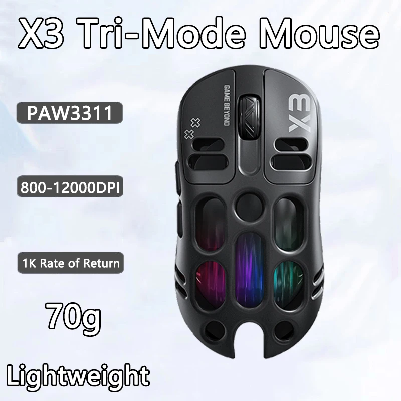 X3 Wireless Mouse PAW3311 Lightweight Hollow 1K Macros Gaming Mouse RGB Backlight 12000DPI Bluetooth/2.4G/Wired Tri-Mode Mouse