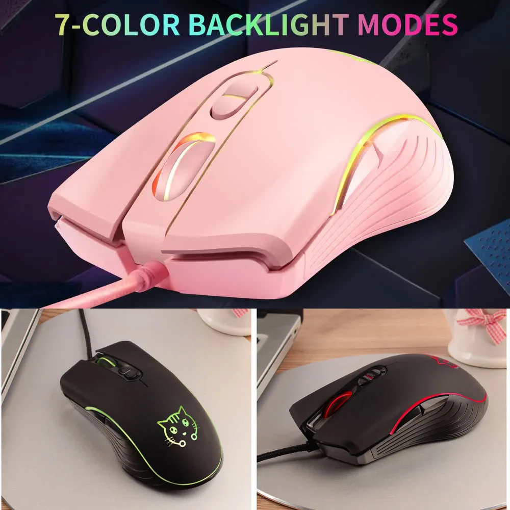 Wired USB Gaming Mouse Pink Computer Professional E-sports Mause 2400 DPI Colorful Backlit Silent Mice for Laptop Pc Mac