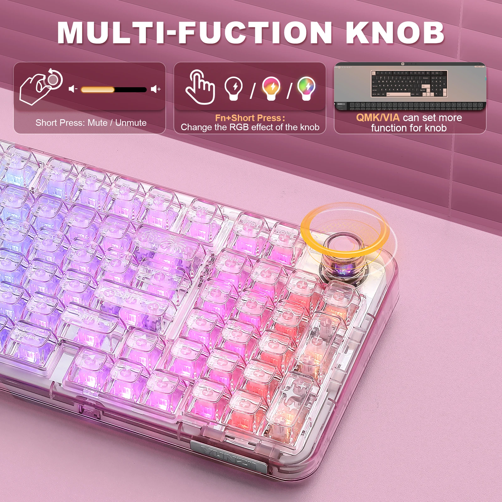 X98 Pink QMK/VIA Wireless Transparent RGB Keyboard, Hot-Swap Gasket Mechanical Gaming Keyboard, Pre-lubed Knob Keyboard
