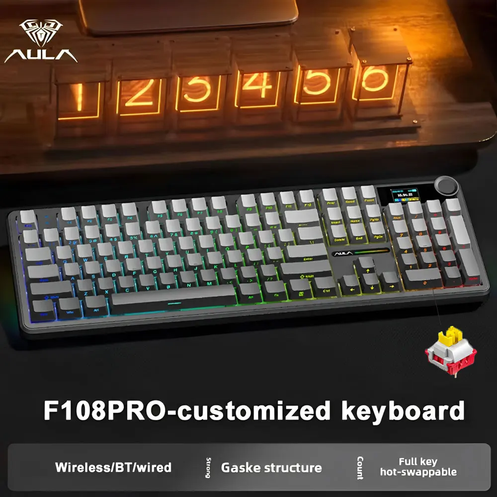 F108 Pro Gaming Mechanical Keyboard Tri Mode Custom Multi-Knob Screen RGB Esports Wireless Keyboard with TFT Smart Display