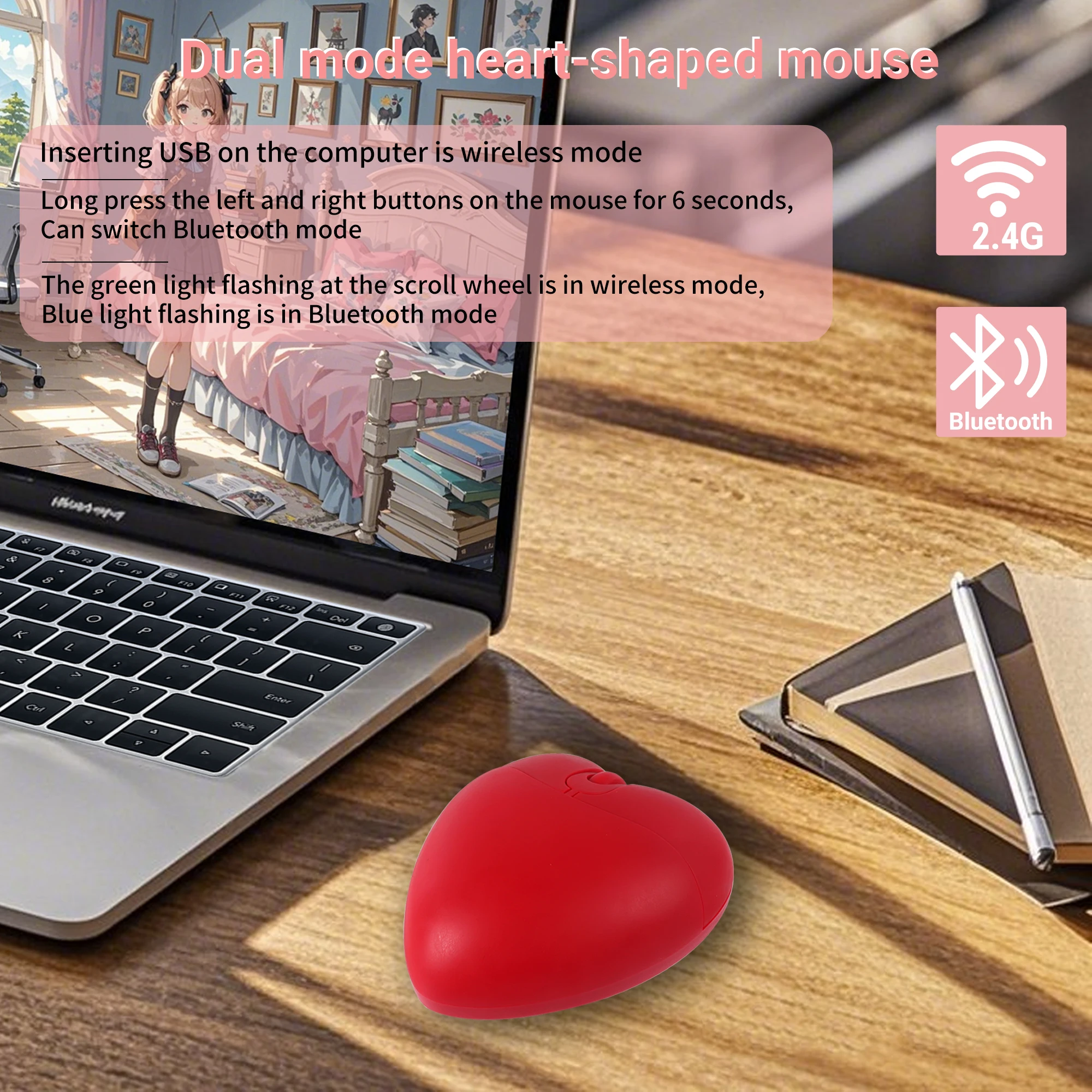 Love Mouse Wireless Or Wired Light Weight 2.4G Bluetooth Dual-mode Portable Ergonomics Design Computer Parts Office Use Mause