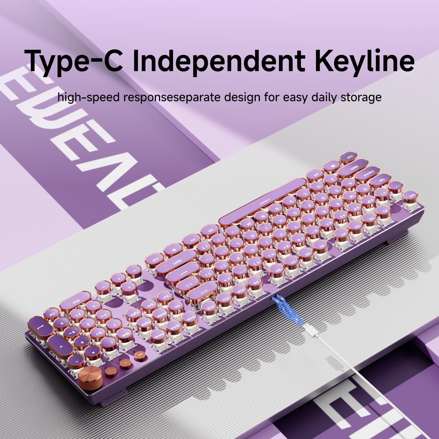 Mechanical Keyboard, Typewriter Style 104 Key Retro Keyboard, Pink Linear Switch, RGB Backlit with Media Knob, for Windows/Mac Gaming & Typing (Purple)