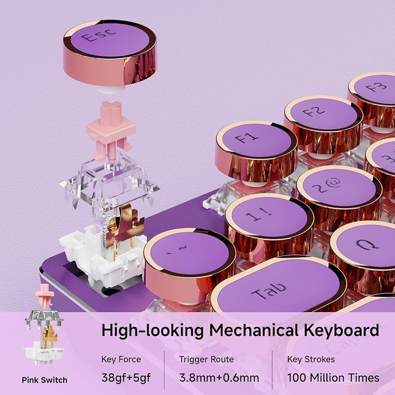 Mechanical Keyboard, Typewriter Style 104 Key Retro Keyboard, Pink Linear Switch, RGB Backlit with Media Knob, for Windows/Mac Gaming & Typing (Purple)