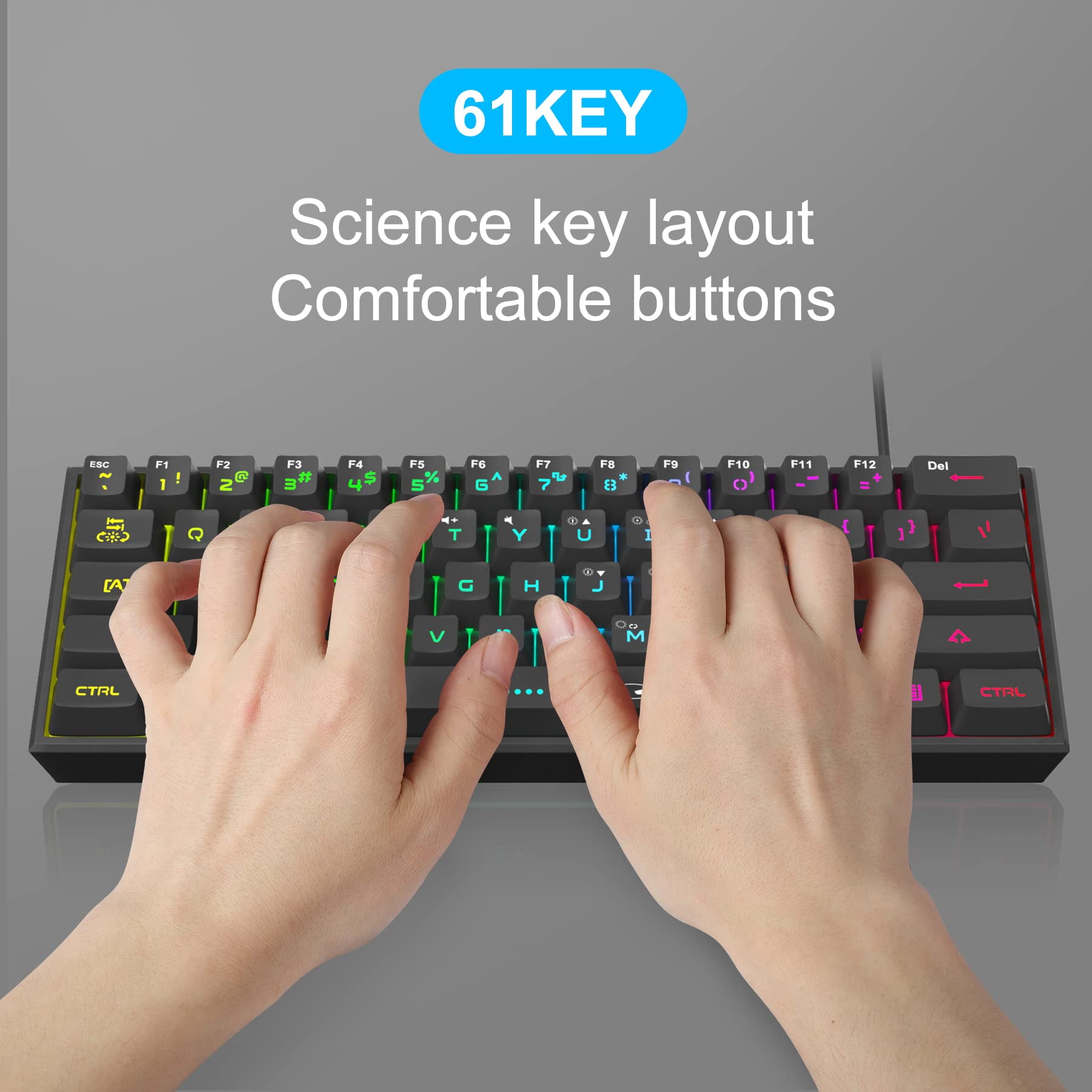 Mini Gaming Keyboard, 60% Percent Keyboard, 61 Keys Mechanical Feel, Compact Rgb Backlit