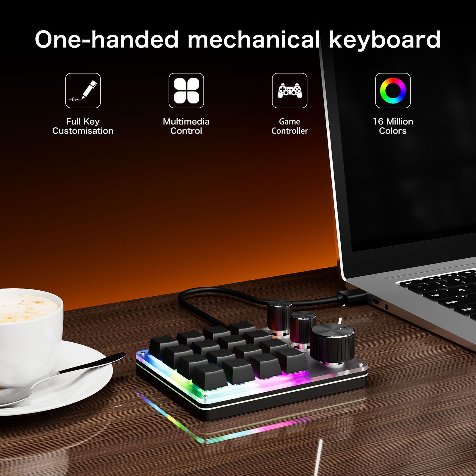 Single Handed USB C Macro Programmable Keypad 16-Key 3 Knobs Mechanical Gaming Keyboard for Versatility