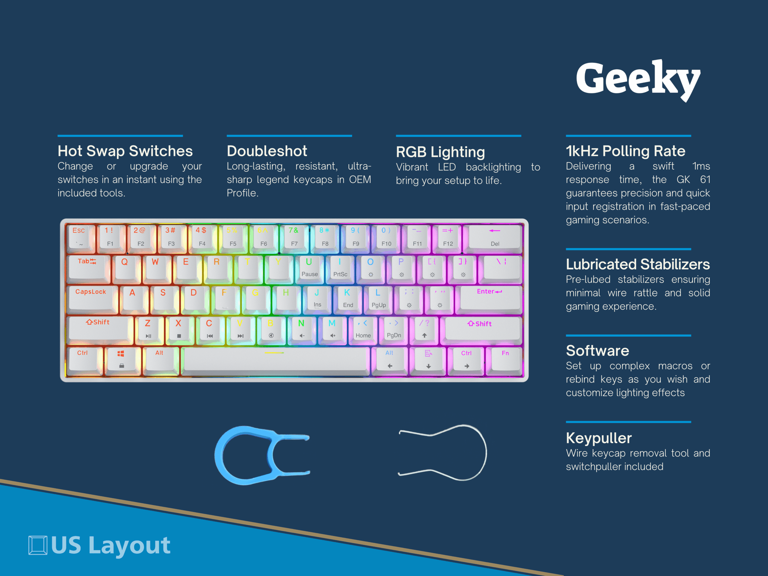 Geeky GK61 Wired Gaming Keyboard with RGB Lighting, White
