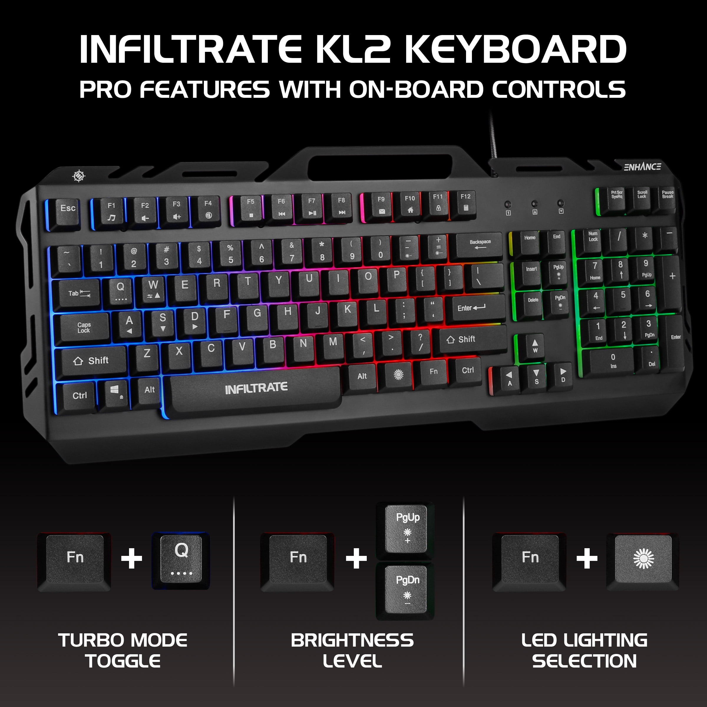 Infiltrate KL2 Membrane Gaming Keyboard - Quiet Keyboard with Multi Color LED Lighting Modes