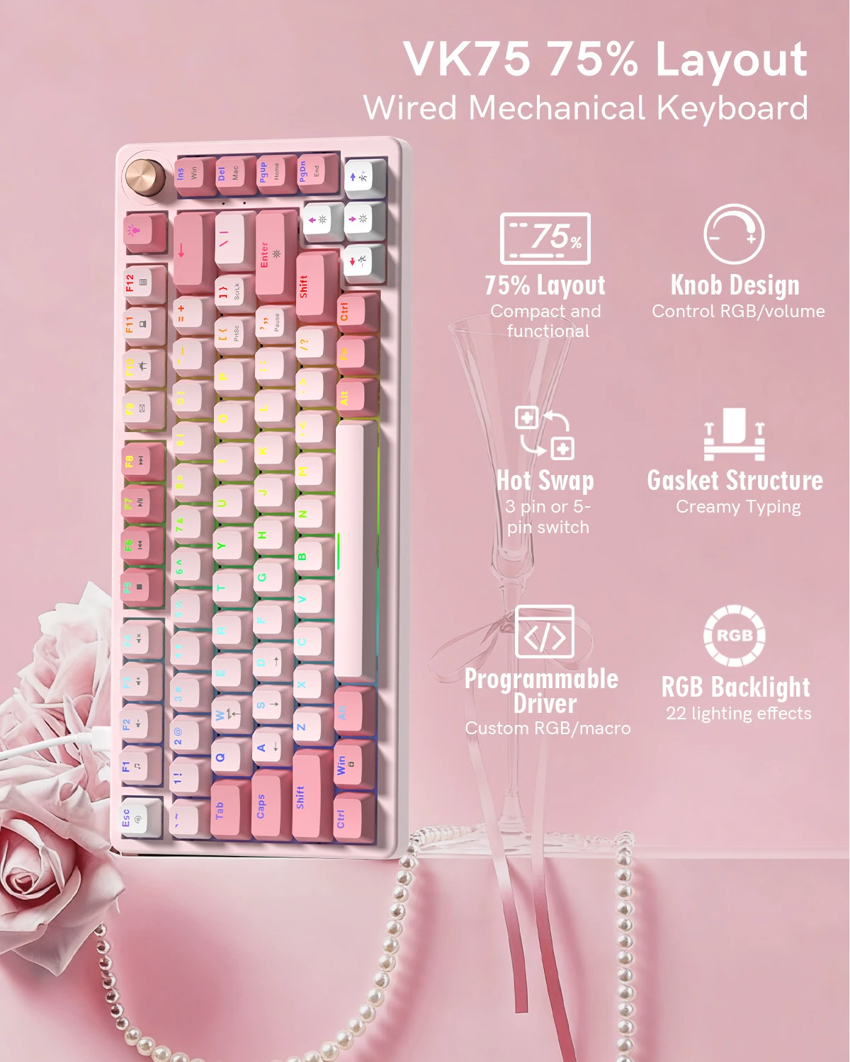 Womier VK75 Wired Mechanical Keyboard 75% Custom Hotswap with Knob RGB Backlit Gasket Mount Gaming Keyboard Double Linear Switch