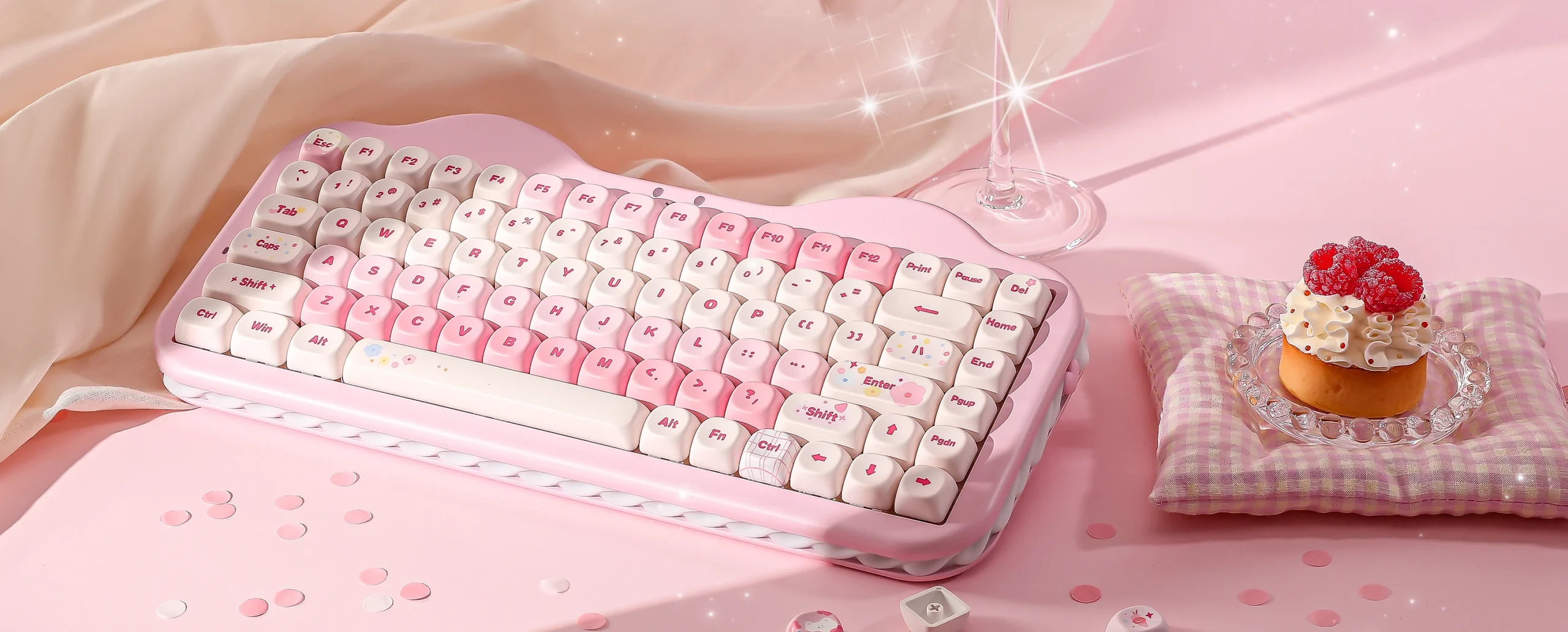 YUNZII C75 Pink Wireless Mechanical Keyboard, 75% Creamy Hot Swap RGB Keyboard, Gasket Mount Cute Cake Design for Win/Mac/Gaming
