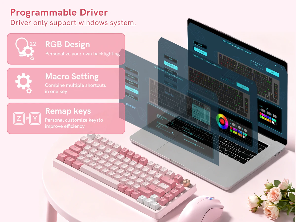 Womier VK75 Wired Mechanical Keyboard 75% Custom Hotswap with Knob RGB Backlit Gasket Mount Gaming Keyboard Double Linear Switch