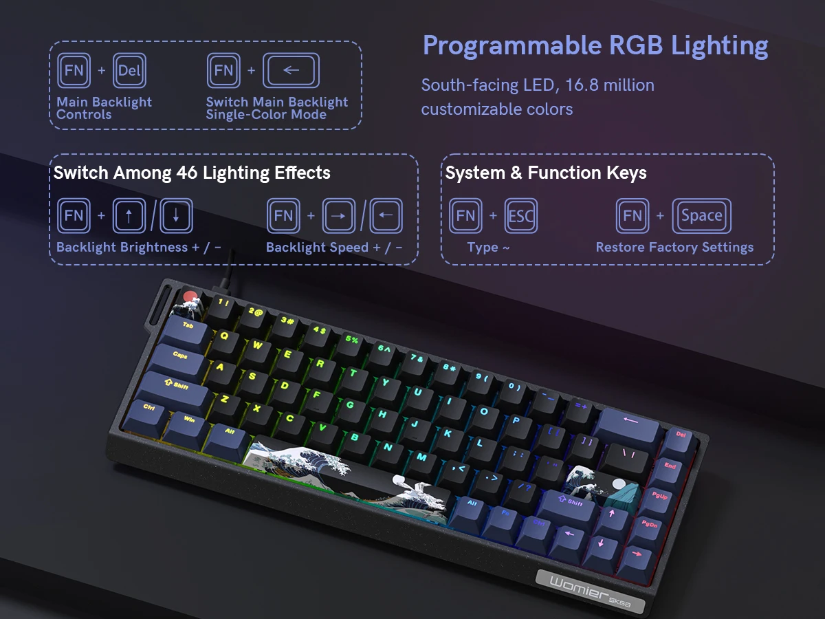 Womier SK68 Black Coral Sea Gaming Mechanical Keyboard QMK Wired Comic 65% Gasket Mount Hot Swap RGB Keyboard for Win/Mac