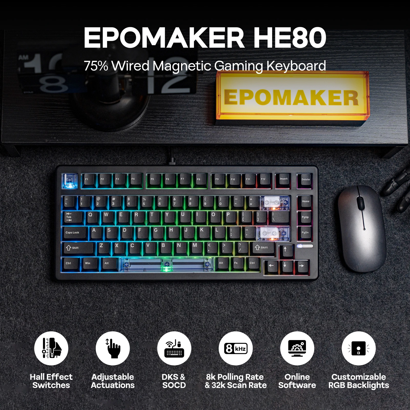 EPOMAKER HE80 75% Compact Layout Gasket Wired Hall Effect Magnetic Mechanical Keyboard DKS SOCD Adjustable Actuation RGB Backlit