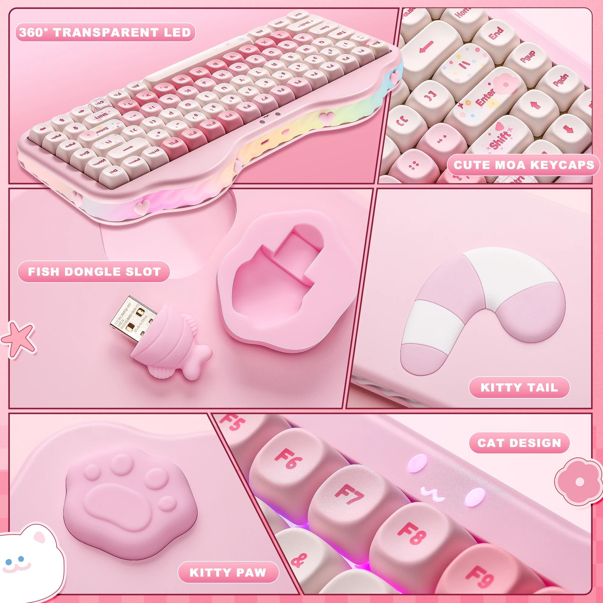 YUNZII C75 Pink Wireless Mechanical Keyboard, 75% Creamy Hot Swap RGB Keyboard, Gasket Mount Cute Cake Design for Win/Mac/Gaming