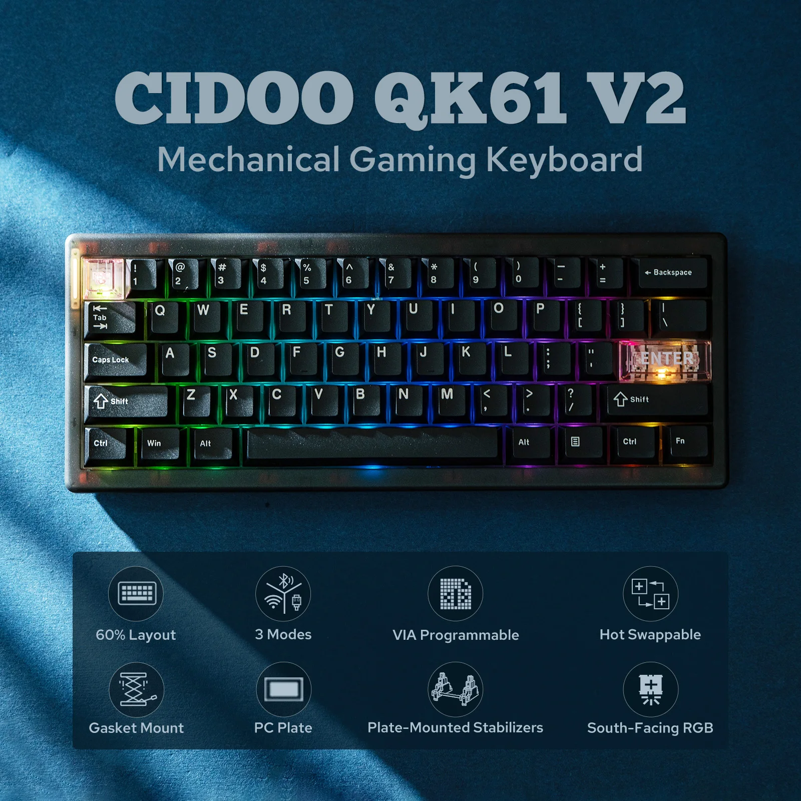 CIDOO QK61 V2 VIA-Programmable 60% Gasket Structure Wired/2.4GHz Wireless/Bluetooth Compact Keyboard with South-Facing LEDs