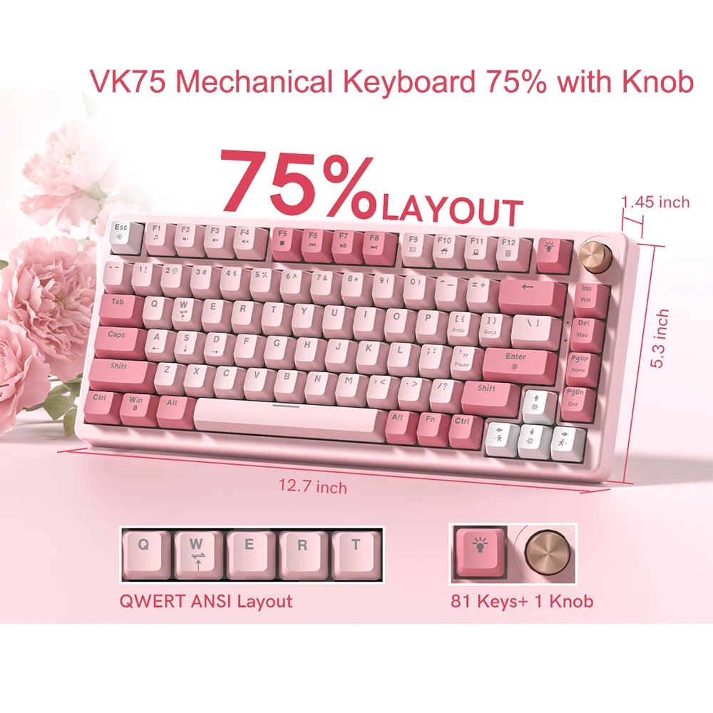 Womier VK75 Wired Mechanical Keyboard 75% Custom Hotswap with Knob RGB Backlit Gasket Mount Gaming Keyboard Double Linear Switch