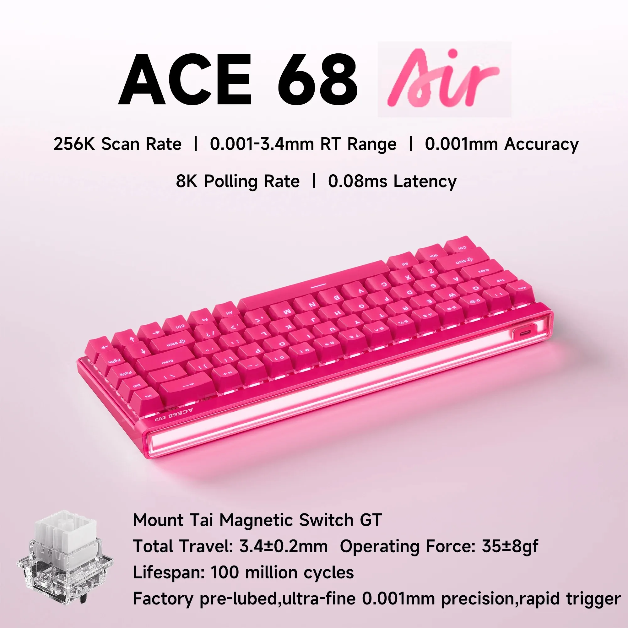 Mchose Ace68 Air Gaming Keyboard Hall Effect 0.001mm Rapid Trigger 8K+256K Polling Rate Dynamic RGB Light Box Magnetic