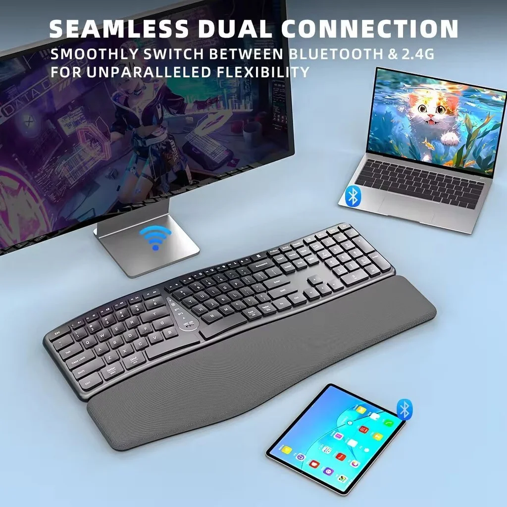 JOMAA Full Size Wireless Ergonomic Keyboard with Palm Rest, Ultra-Thin Split Keyboard,Bluetooth&2.4G Connection,Rechargeable