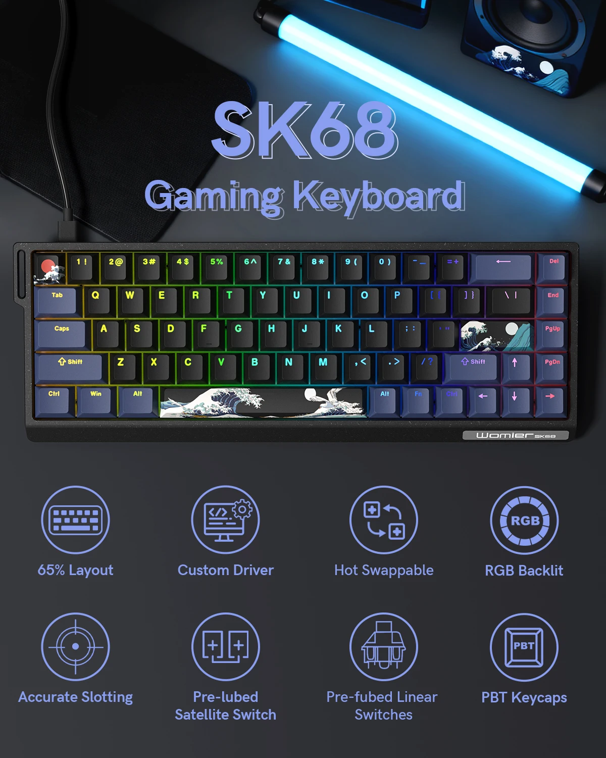 Womier SK68 Black Coral Sea Gaming Mechanical Keyboard QMK Wired Comic 65% Gasket Mount Hot Swap RGB Keyboard for Win/Mac