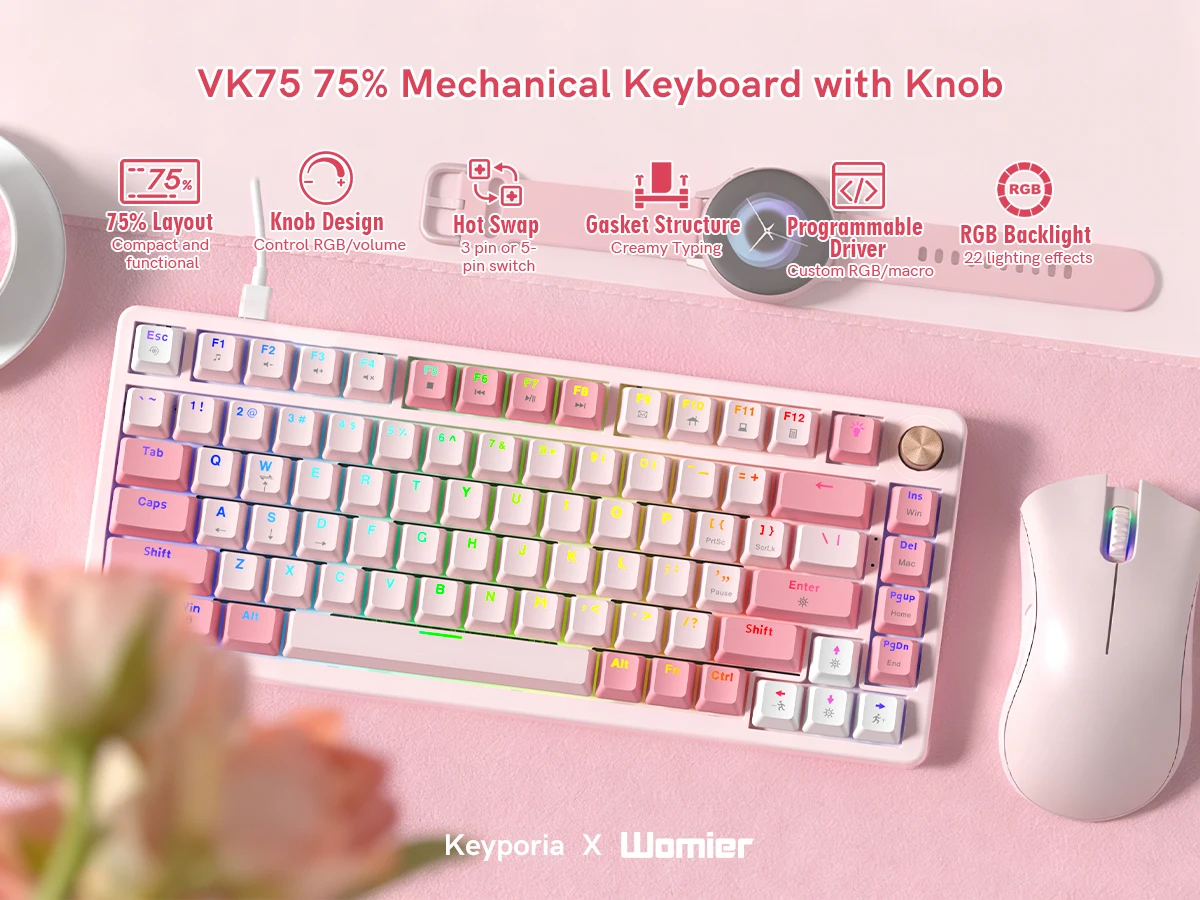 Womier VK75 Wired Mechanical Keyboard 75% Custom Hotswap with Knob RGB Backlit Gasket Mount Gaming Keyboard Double Linear Switch