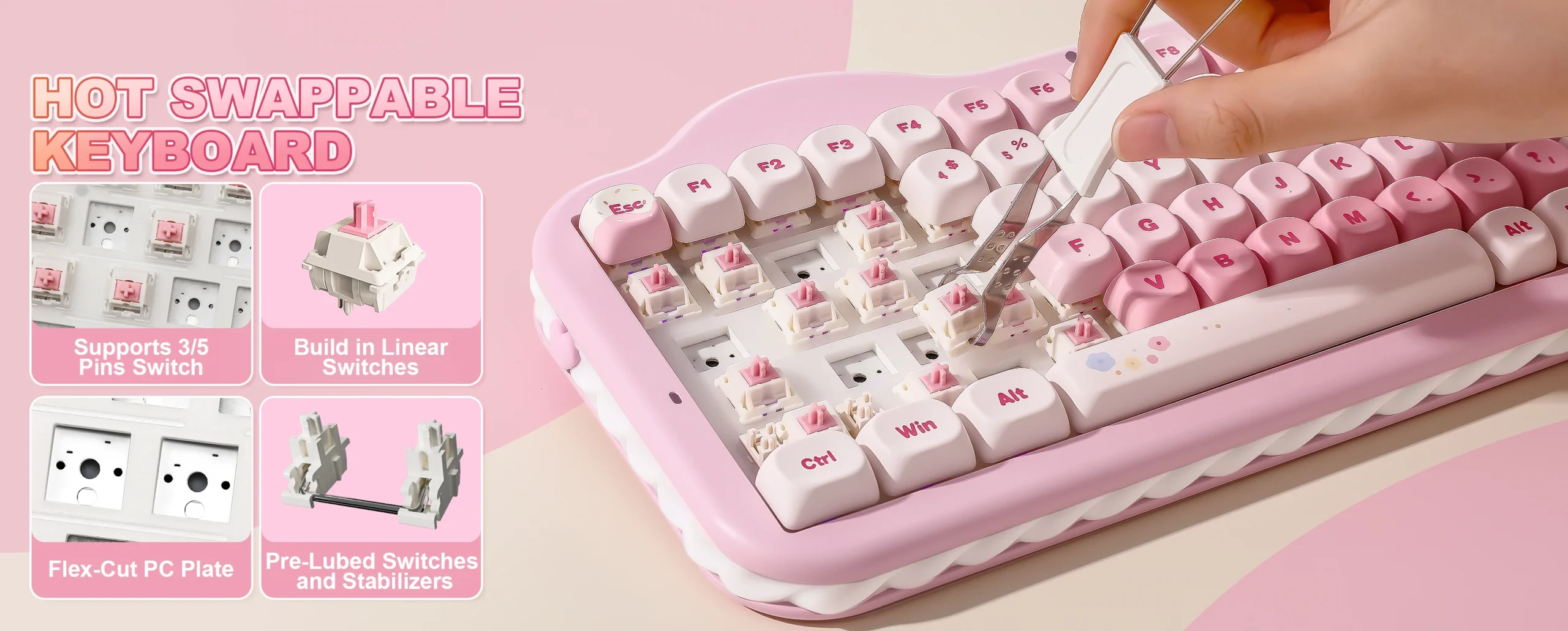 YUNZII C75 Pink Wireless Mechanical Keyboard, 75% Creamy Hot Swap RGB Keyboard, Gasket Mount Cute Cake Design for Win/Mac/Gaming