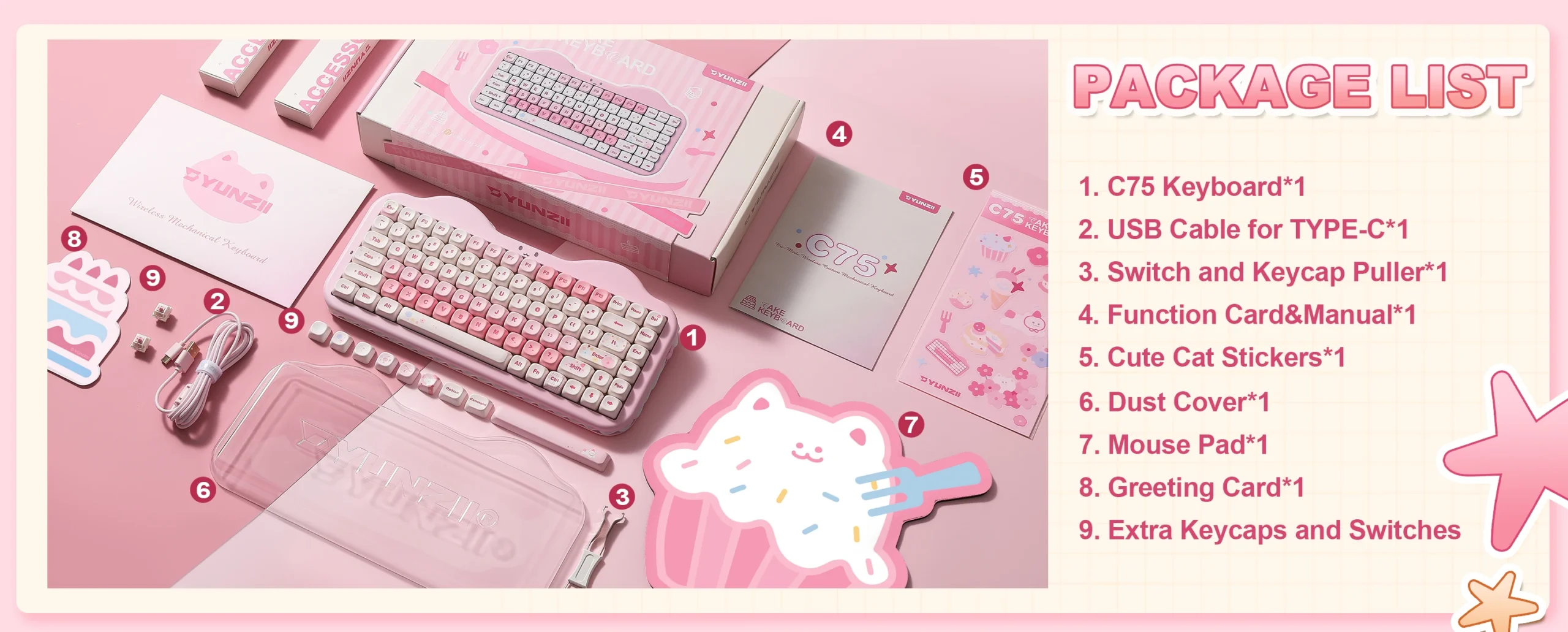 YUNZII C75 Pink Wireless Mechanical Keyboard, 75% Creamy Hot Swap RGB Keyboard, Gasket Mount Cute Cake Design for Win/Mac/Gaming