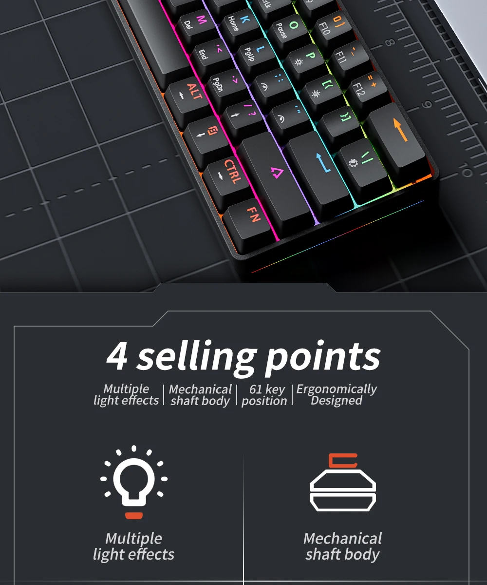 MUCAI MK61 USB Gaming Esports Mechanical Keyboard Red Axis 61 Key Wired Detachable Cable RGB Backlight Hot Swap