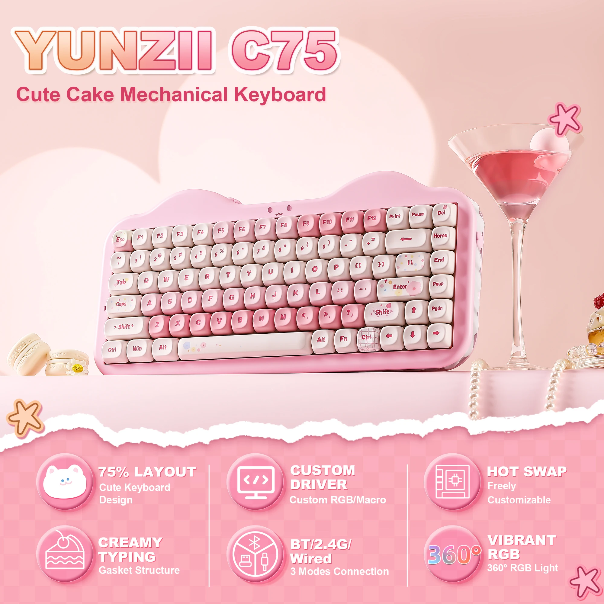 YUNZII C75 Pink Wireless Mechanical Keyboard, 75% Creamy Hot Swap RGB Keyboard, Gasket Mount Cute Cake Design for Win/Mac/Gaming
