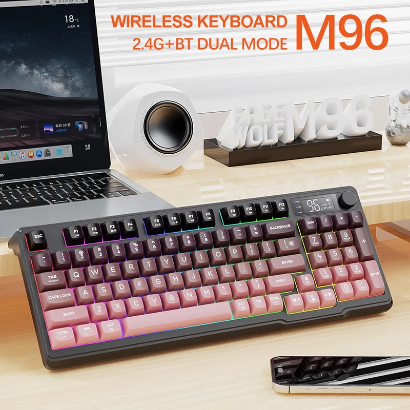 S984d5620aa1c4db39a10a774efd904f98.webp M96 Bluetooth Keyboard Wireless FREEWOLF Screen Gaming Keyboard,Electronic Screen, Multi-Device Connection,Ergonomics Gaming