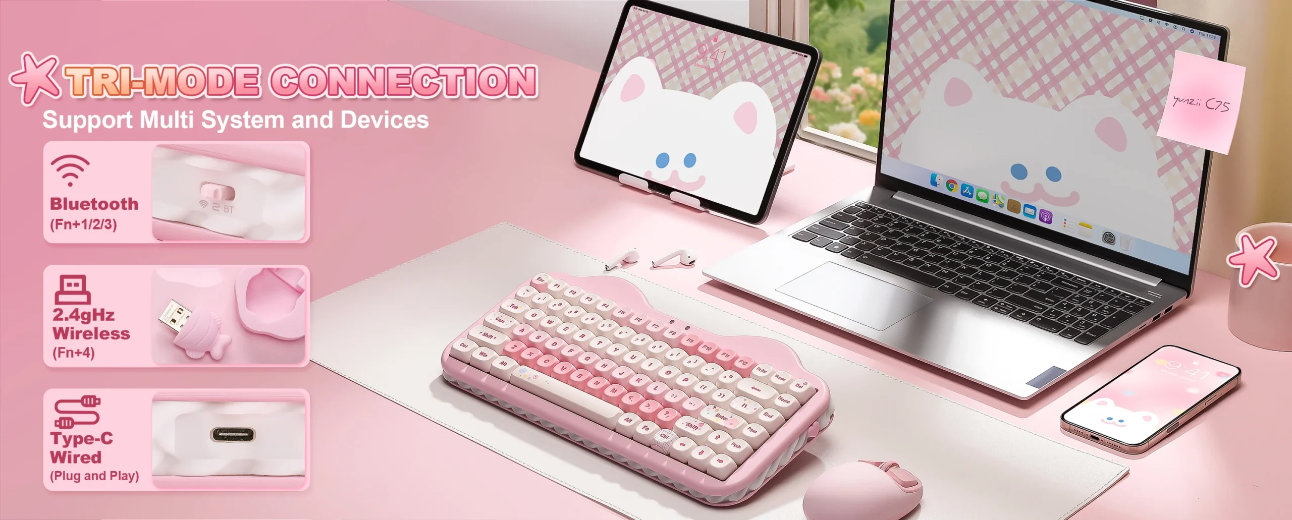 YUNZII C75 Pink Wireless Mechanical Keyboard, 75% Creamy Hot Swap RGB Keyboard, Gasket Mount Cute Cake Design for Win/Mac/Gaming
