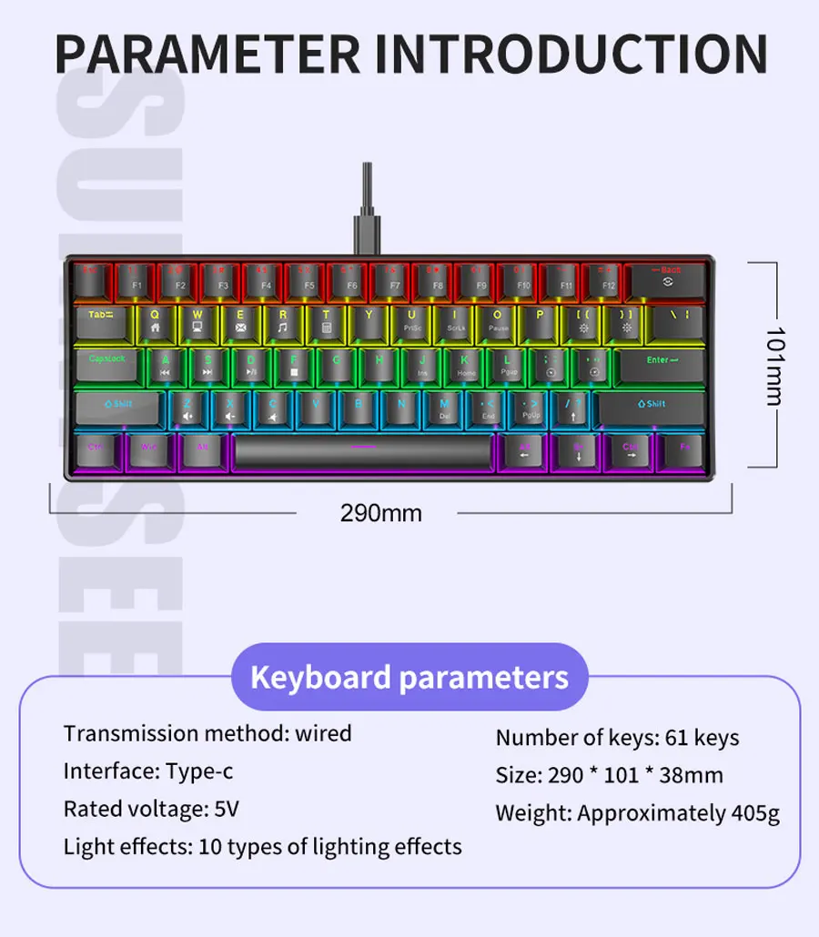K61 Wired Mechanical Keyboard 10 Kinds of Colorful Lighting Gaming and Office For Microsoft Windows and Apple IOS System