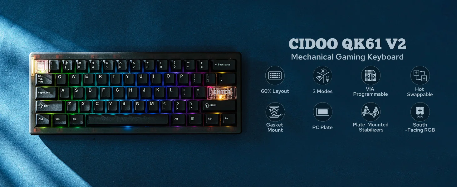 CIDOO QK61 V2 VIA-Programmable 60% Gasket Structure Wired/2.4GHz Wireless/Bluetooth Compact Keyboard with South-Facing LEDs