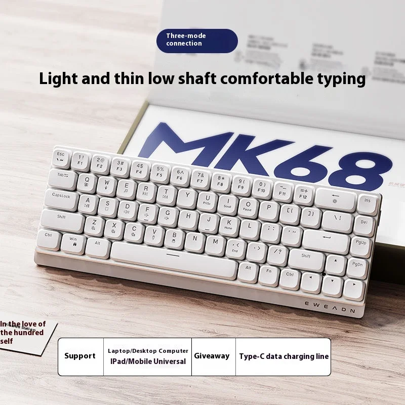 EWEADN Tri-Mode Ergonomic Wireless Gaming Keyboard,BT/2.4G/Wired,Low Profile Switch,Screen Display,Silent,Knob, for PC/Laptop