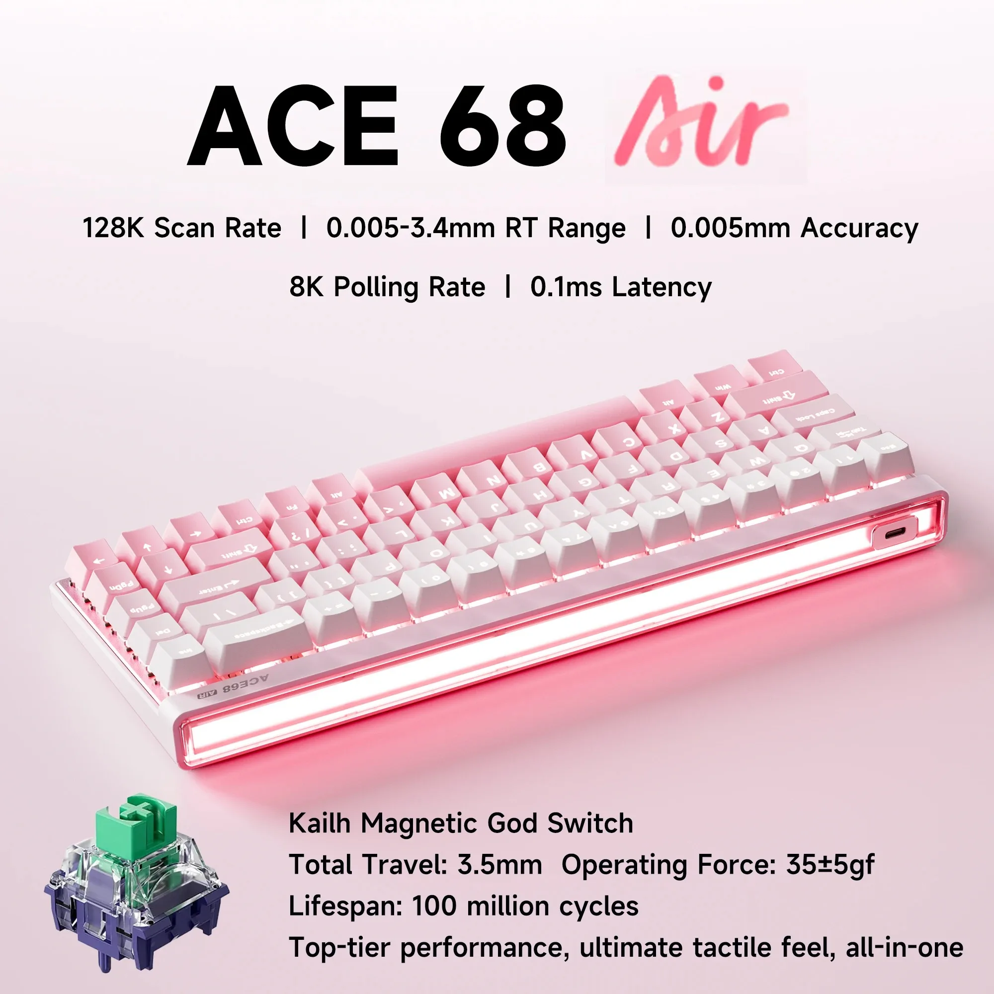 Mchose Ace68 Air Gaming Keyboard Hall Effect 0.001mm Rapid Trigger 8K+256K Polling Rate Dynamic RGB Light Box Magnetic