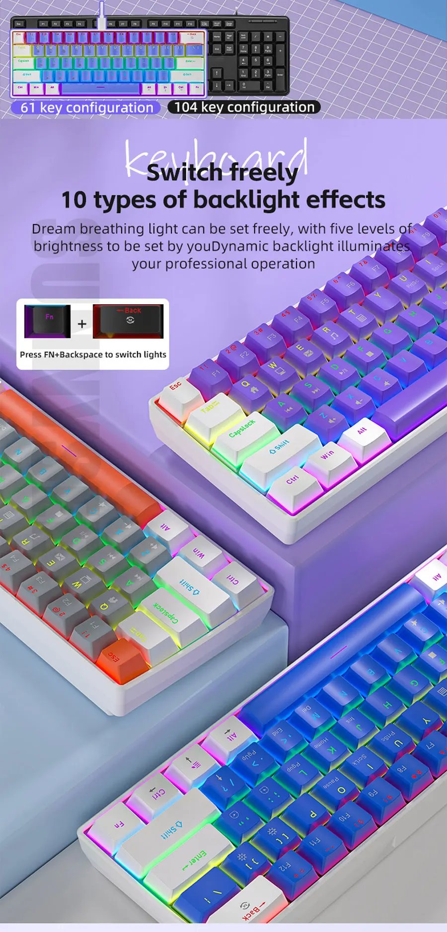 K61 Wired Mechanical Keyboard 10 Kinds of Colorful Lighting Gaming and Office For Microsoft Windows and Apple IOS System