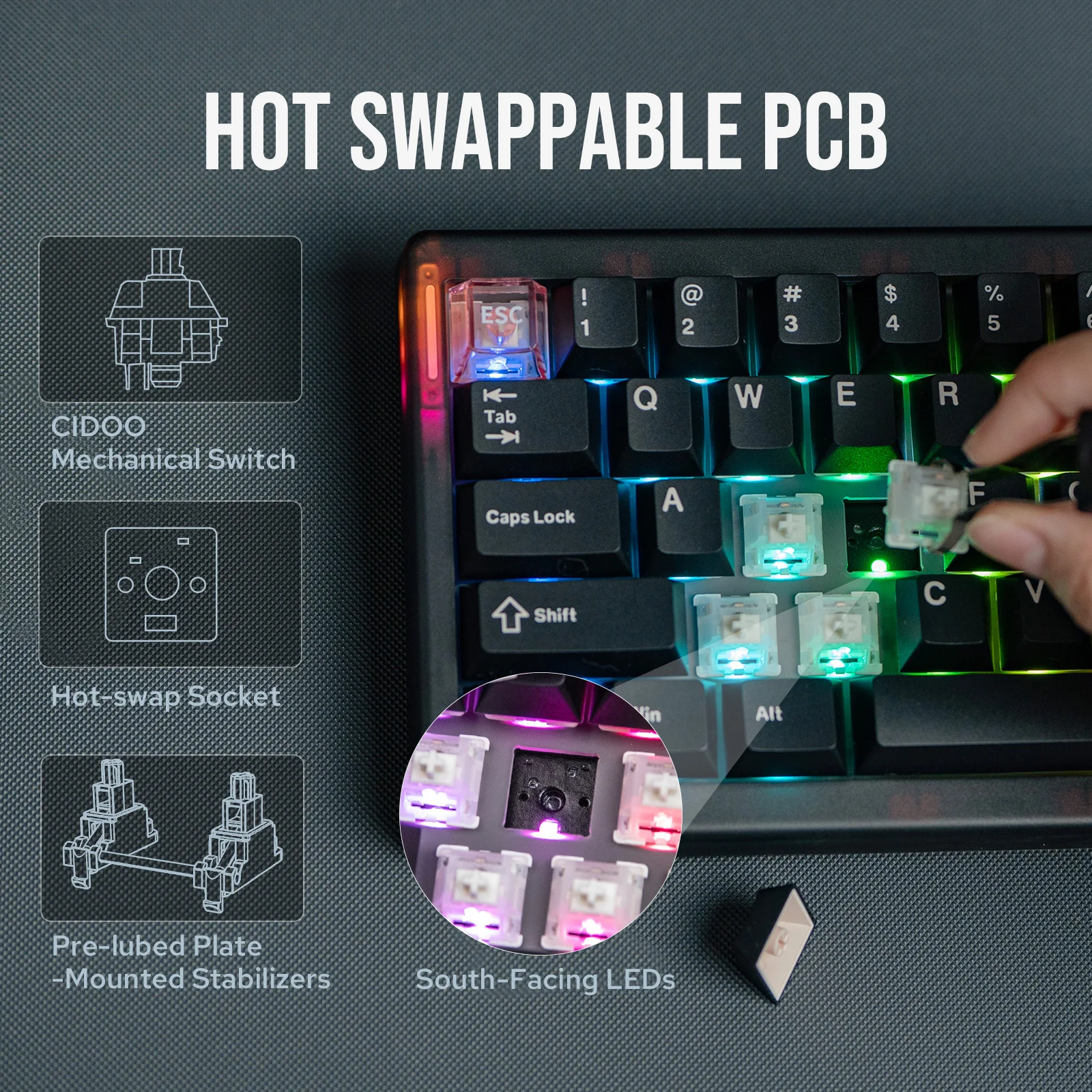 CIDOO QK61 V2 VIA-Programmable 60% Gasket Structure Wired/2.4GHz Wireless/Bluetooth Compact Keyboard with South-Facing LEDs