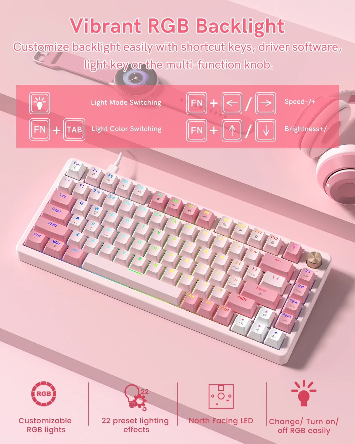 Womier VK75 Wired Mechanical Keyboard 75% Custom Hotswap with Knob RGB Backlit Gasket Mount Gaming Keyboard Double Linear Switch