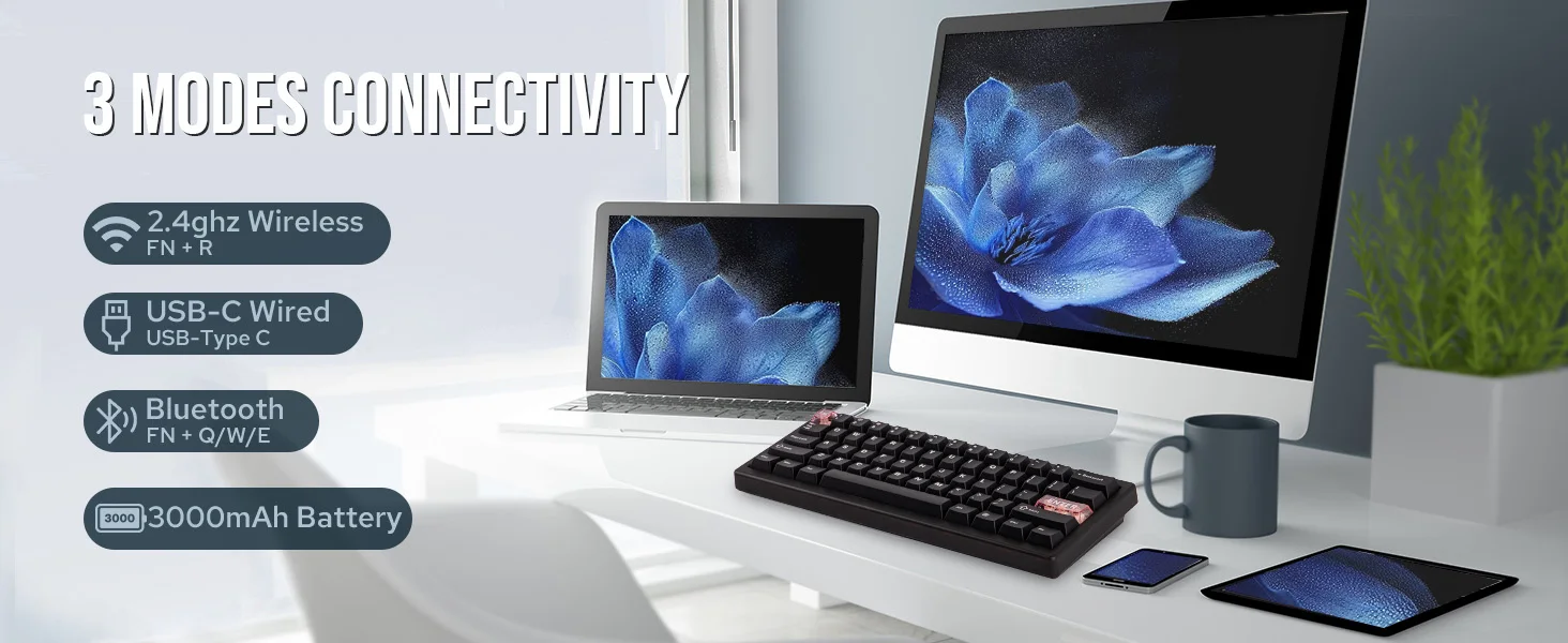 CIDOO QK61 V2 VIA-Programmable 60% Gasket Structure Wired/2.4GHz Wireless/Bluetooth Compact Keyboard with South-Facing LEDs