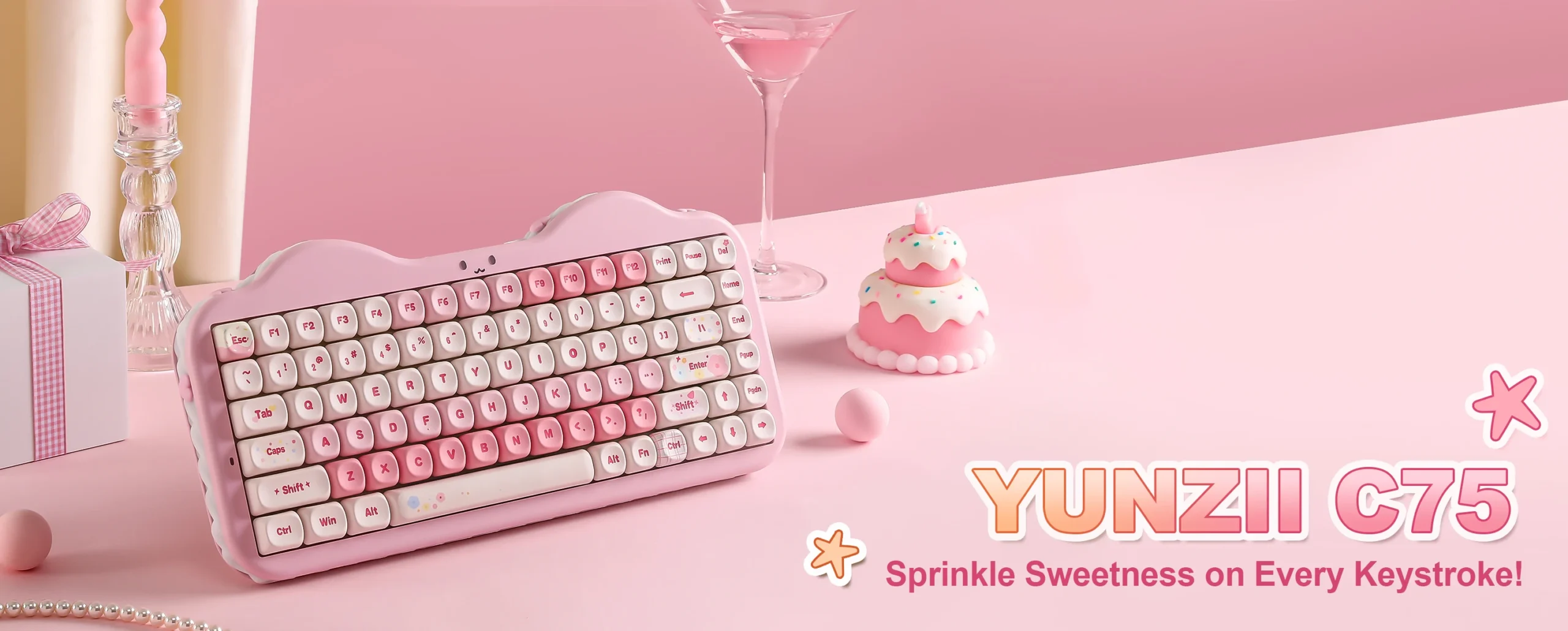 YUNZII C75 Pink Wireless Mechanical Keyboard, 75% Creamy Hot Swap RGB Keyboard, Gasket Mount Cute Cake Design for Win/Mac/Gaming
