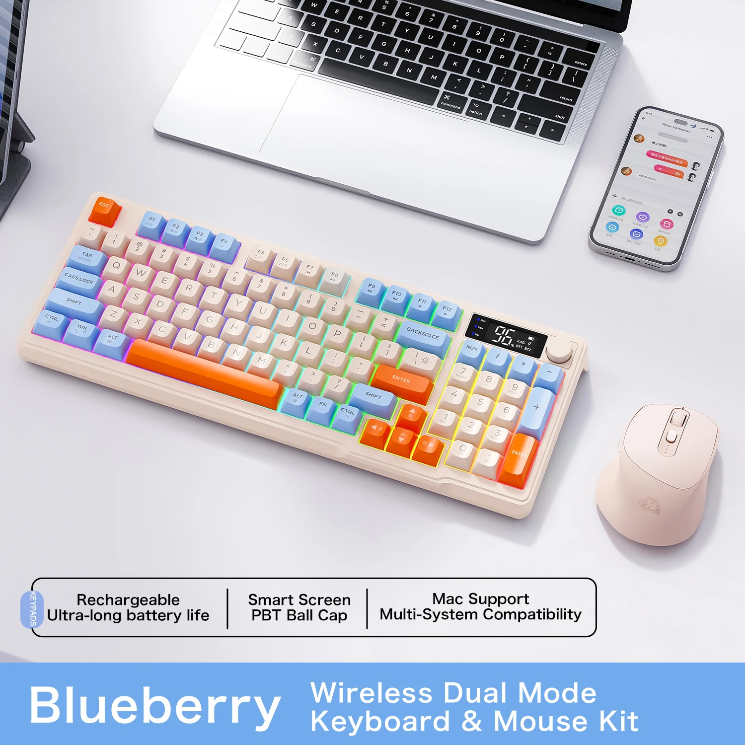 Sddf7aa9fd6e14d9cb541e49a537c2497f.webp M96 Bluetooth Keyboard Wireless FREEWOLF Screen Gaming Keyboard,Electronic Screen, Multi-Device Connection,Ergonomics Gaming