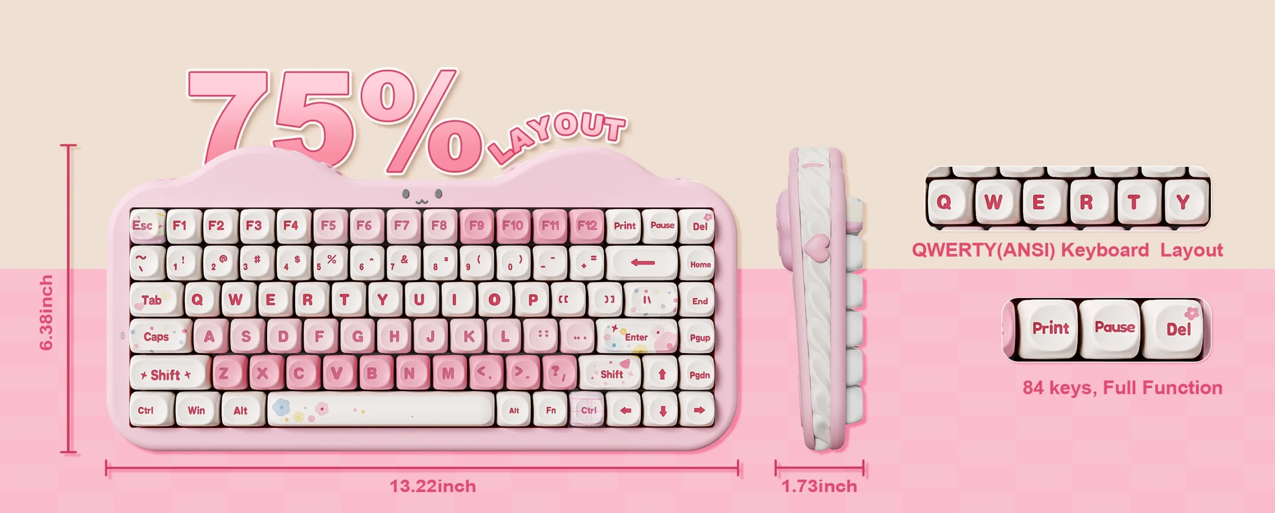 YUNZII C75 Pink Wireless Mechanical Keyboard, 75% Creamy Hot Swap RGB Keyboard, Gasket Mount Cute Cake Design for Win/Mac/Gaming