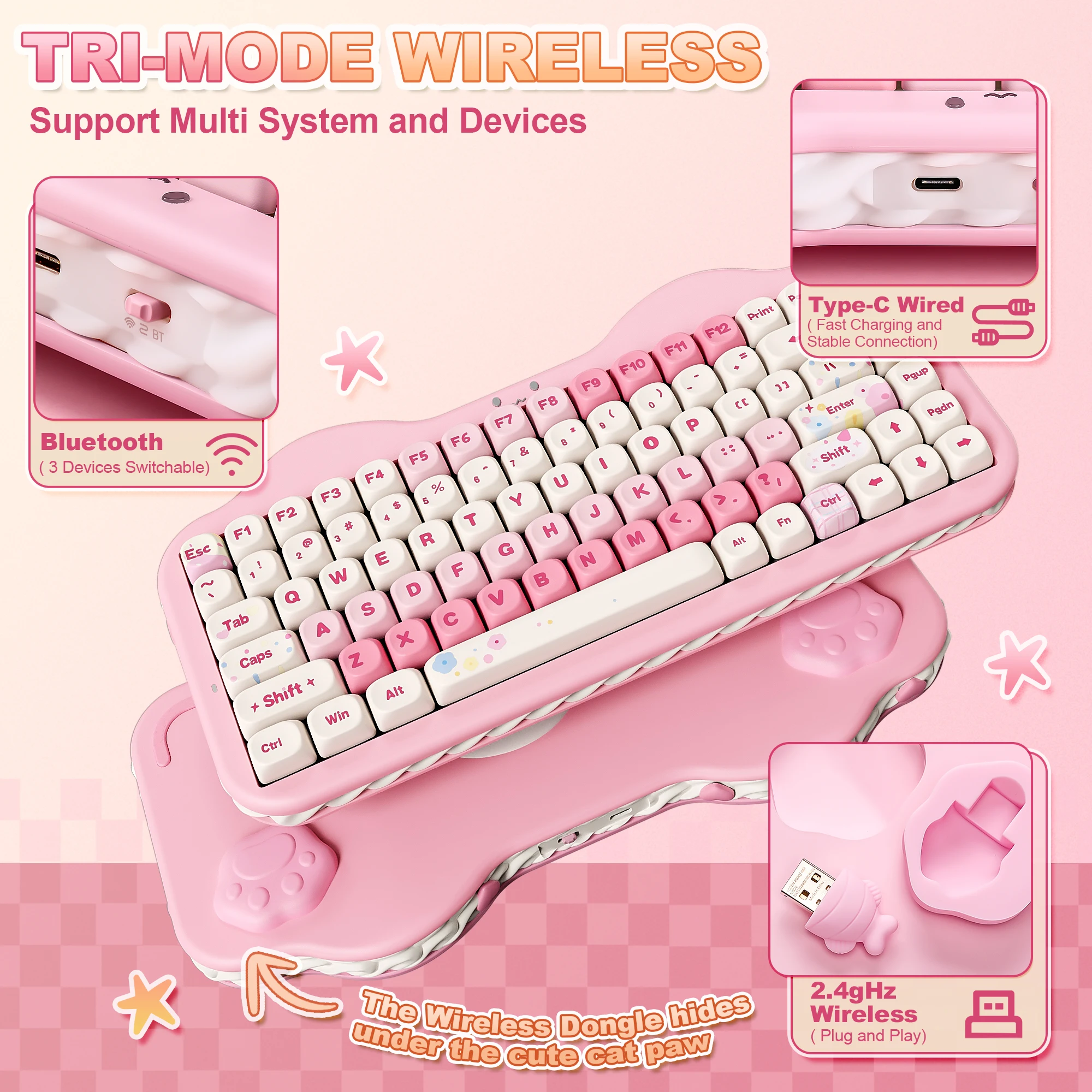 YUNZII C75 Pink Wireless Mechanical Keyboard, 75% Creamy Hot Swap RGB Keyboard, Gasket Mount Cute Cake Design for Win/Mac/Gaming