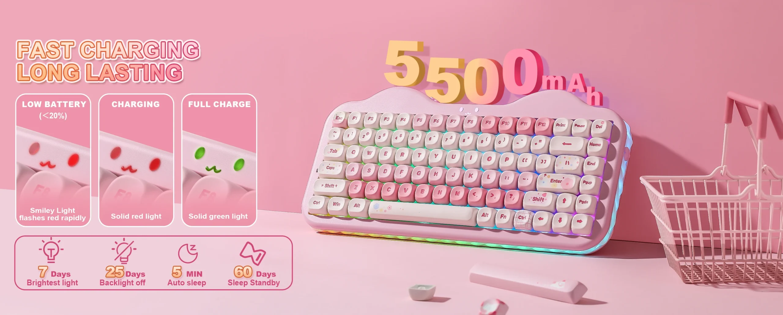 YUNZII C75 Pink Wireless Mechanical Keyboard, 75% Creamy Hot Swap RGB Keyboard, Gasket Mount Cute Cake Design for Win/Mac/Gaming