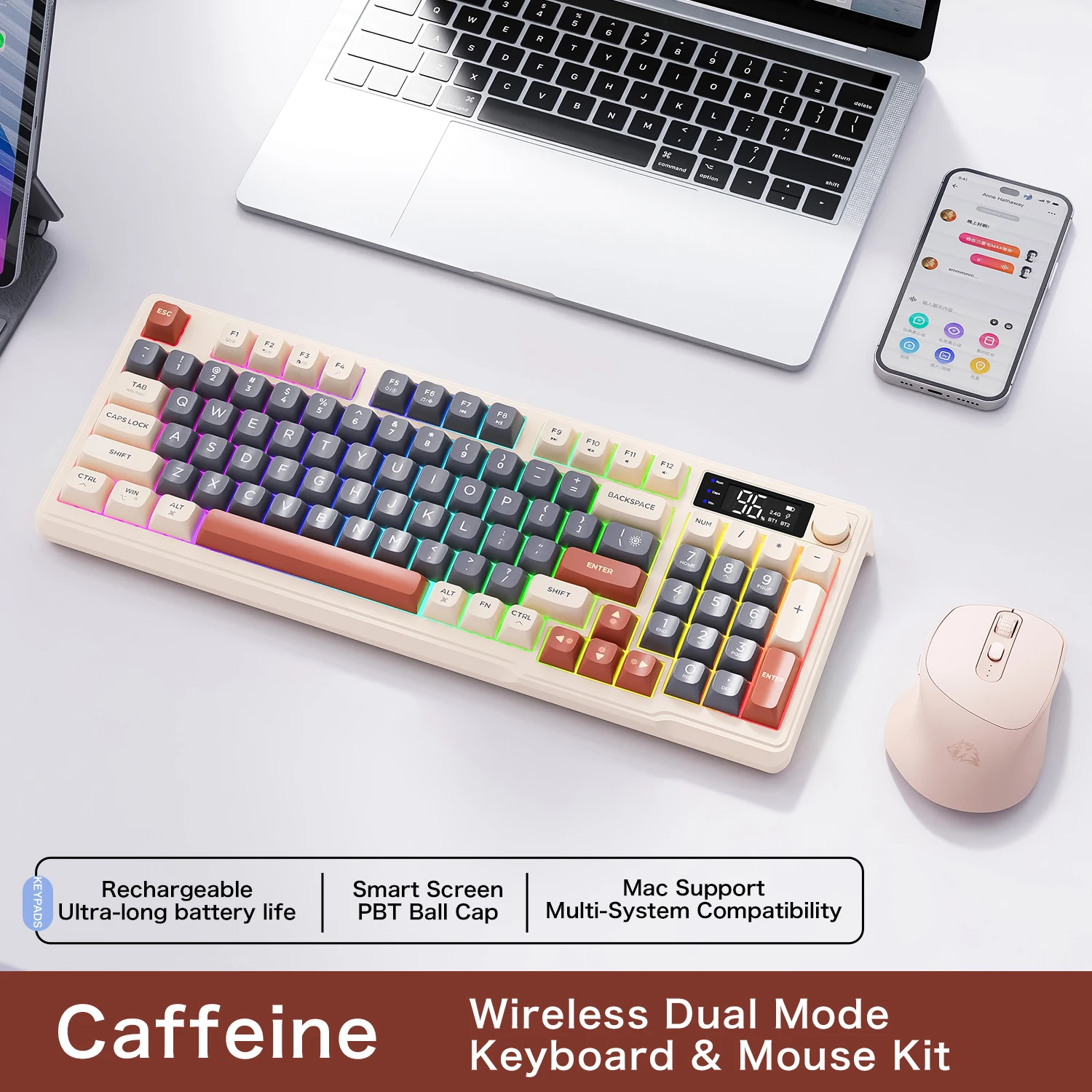 Sfc27b4bd2827478caac0d43c4f85a9bfW.webp M96 Bluetooth Keyboard Wireless FREEWOLF Screen Gaming Keyboard,Electronic Screen, Multi-Device Connection,Ergonomics Gaming